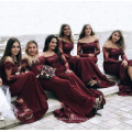 Off the Shoulder Long Sleeve Lace Appliques Mermaid Burgundy Wine Red Bridesmaid Dresses with Sheer Train